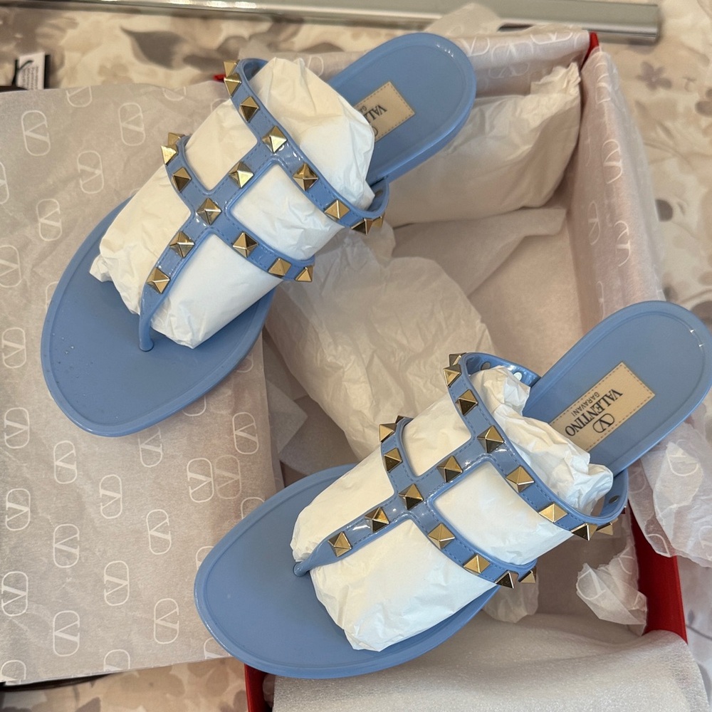 Valentino Light Blue Rockstud Rubber Studded Sandals